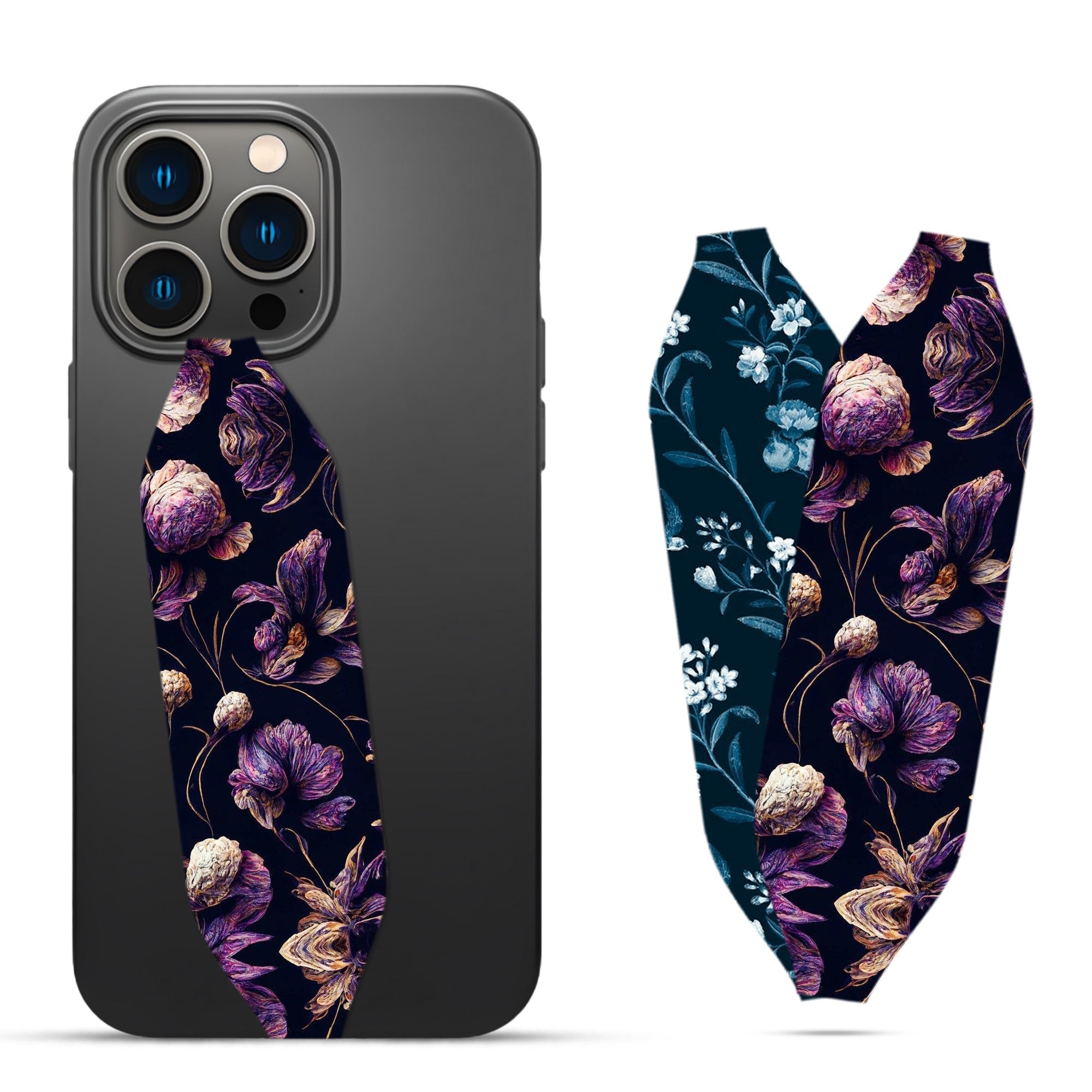 A close up of a bunch of flowers on a black Phone Grip Strap - Switch Bands