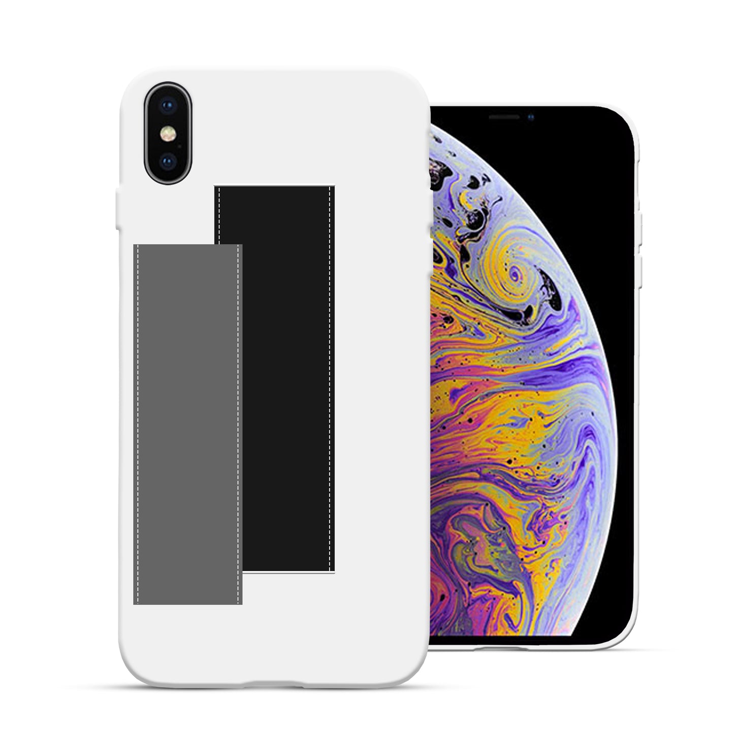 Finger Loop Phone Case For iPhone XS Max White With Black & Grey Strap