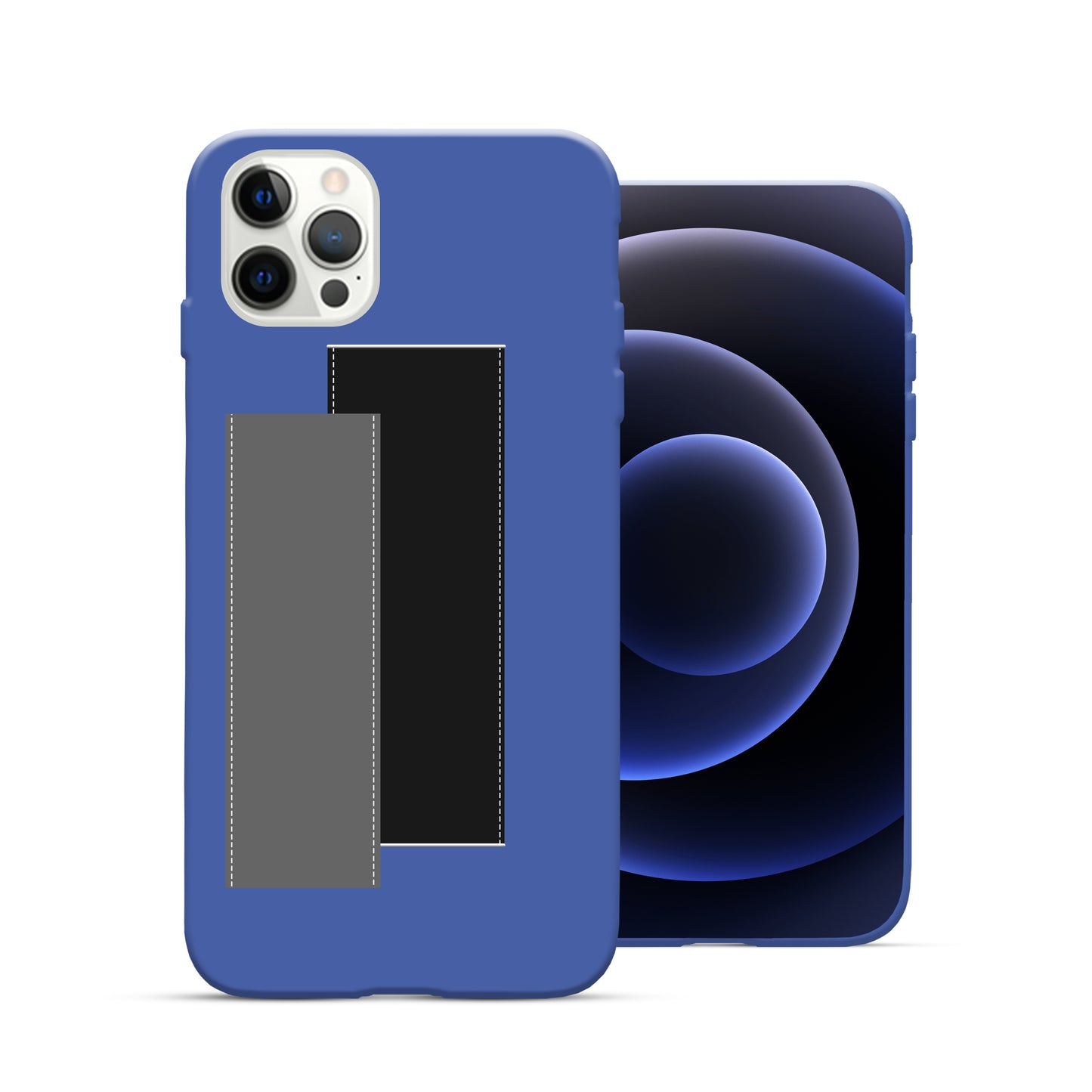 Finger Loop Phone Case For iPhone 12 & 12 Pro Blue With Black & Grey Strap