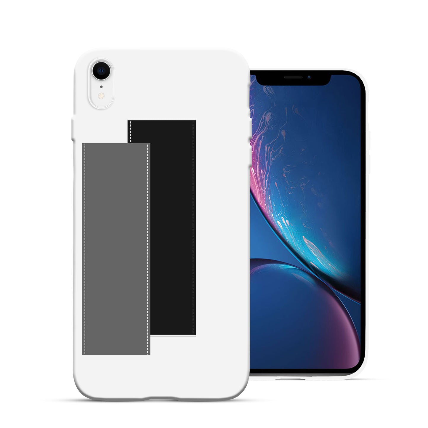 Finger Loop Phone Case For iPhone XR White With Black & Grey Strap
