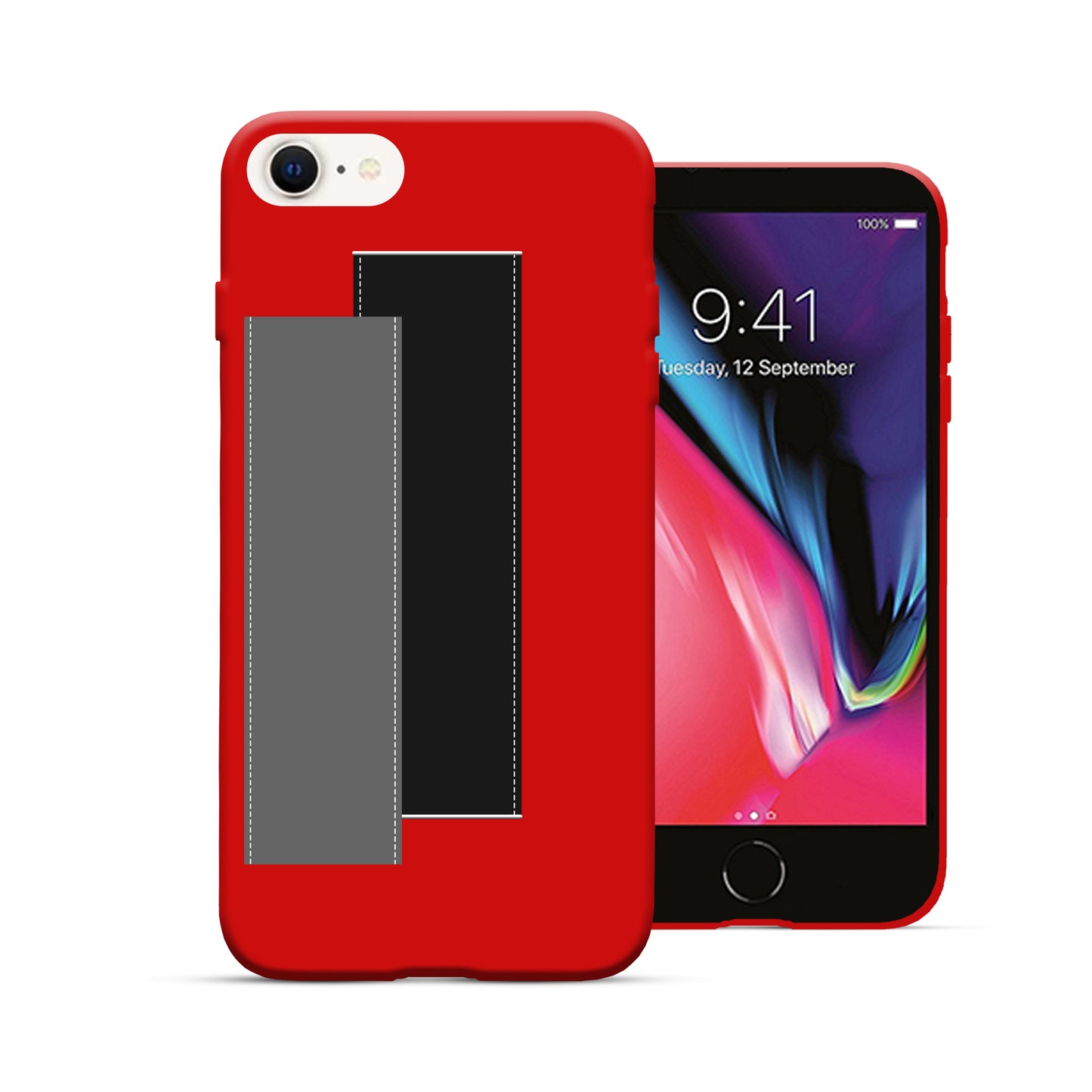 Finger Loop Phone Case For iPhone SE 2020 Red With Black & Grey Strap