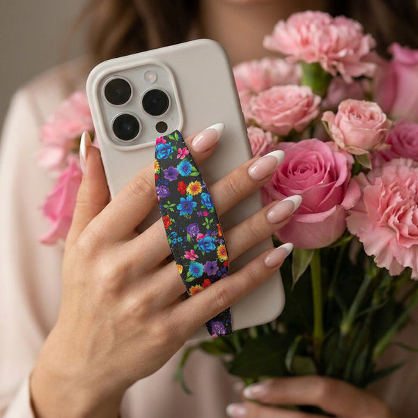 Vintage And Blossom On Black Phone Grip Strap | Adhesive-Free | Switchbands