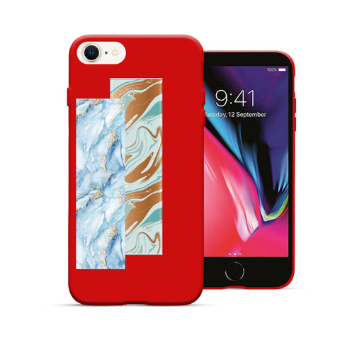 Finger Loop Phone Case For iPhone SE 2020 Red With Gold & Blue Marble Strap