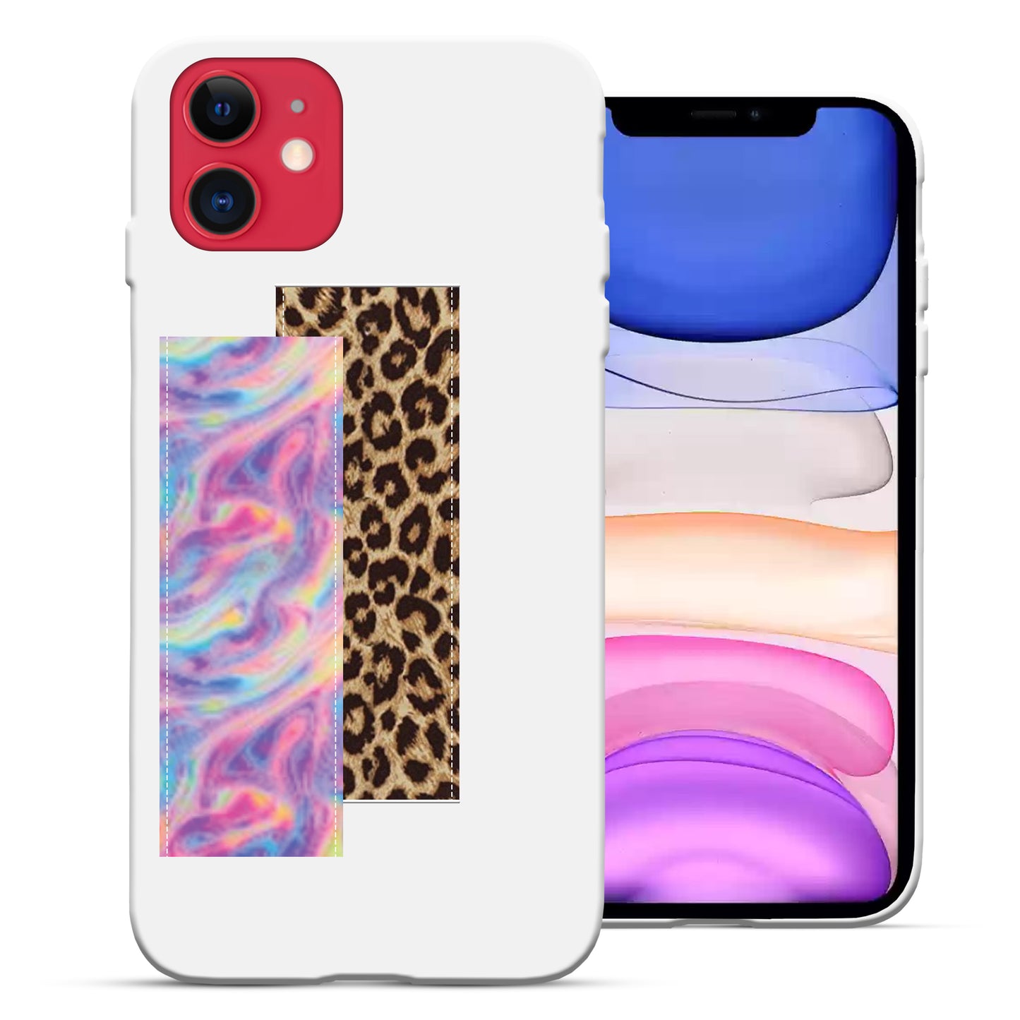 Finger Loop Phone Case For iPhone 11 Black With Leopard & Pink Tie Dye Strap