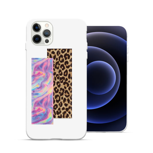 Finger Loop Phone Case For iPhone 13 White With Leopard & Pink Tie Dye Strap