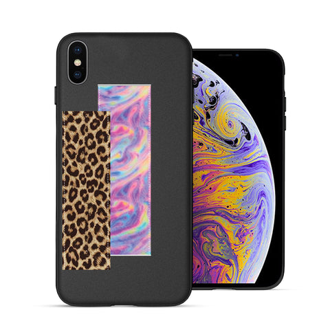Finger Loop Phone Case For iPhone X  Black With Leopard & Pink Tie Dye Strap