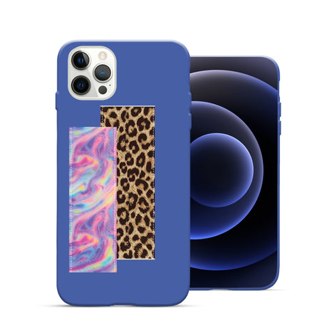 Finger Loop Phone Case For iPhone 12 & 12 Pro Blue With Leopard & Pink Tie Dye Strap