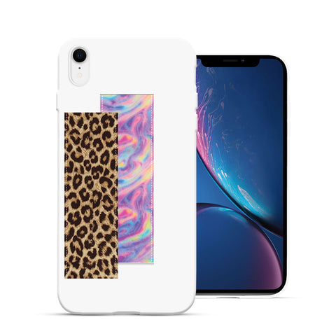 Finger Loop Phone Case For iPhone XR White With Leopard & Pink Tie Dye Strap