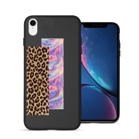 Finger Loop Phone Case For iPhone XR Black With Leopard & Pink Tie Dye Strap