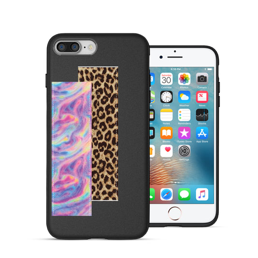 Finger Loop Phone Case For iPhone 7 & 8 Black With Leopard & Pink Tie Dye Strap