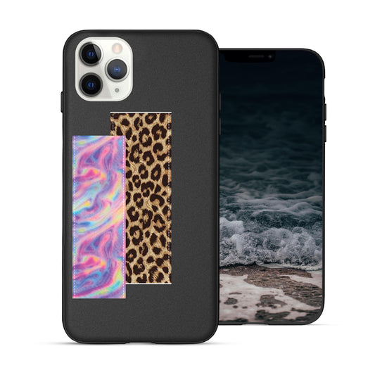 Finger Loop Phone Case For iPhone 11 Pro Max Black With Leopard & Pink Tie Dye Strap