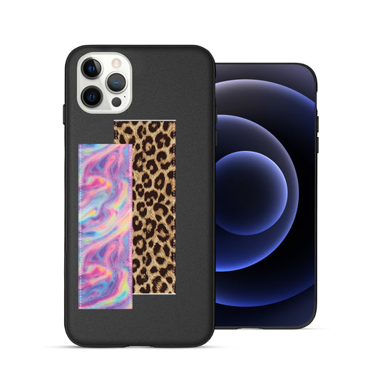 Finger Loop Phone Case For iPhone 13 Black With Leopard & Pink Tie Dye Strap