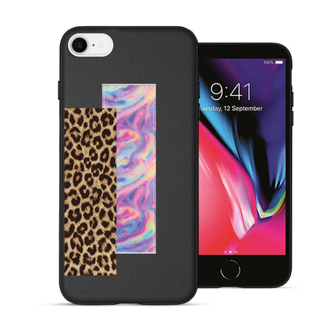Finger Loop Phone Case For iPhone SE 2020 Black With Leopard & Pink Tie Dye Strap