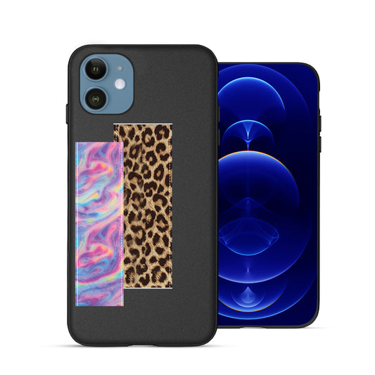 Finger Loop Phone Case For iPhone 12 Mini Black With Leopard & Pink Tie Dye Strap