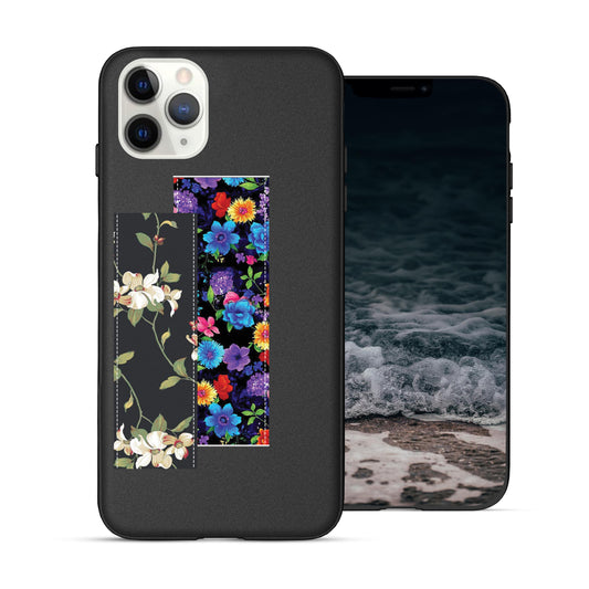 Finger Loop Phone Case For iPhone 11 Pro Max Black With Vintage & Blossom Strap