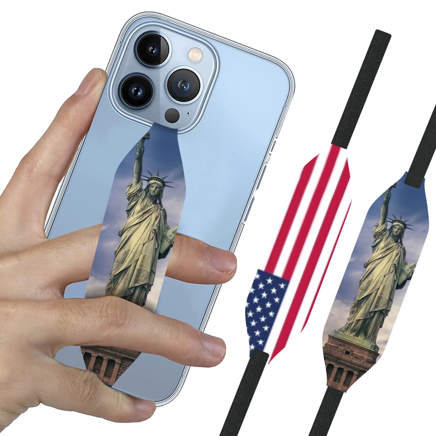 SwitchBands Universal Phone Grip Strap For Phone Cases As Phone Loop Holder, Phone Charms - USA Flag & Statue Of Liberty