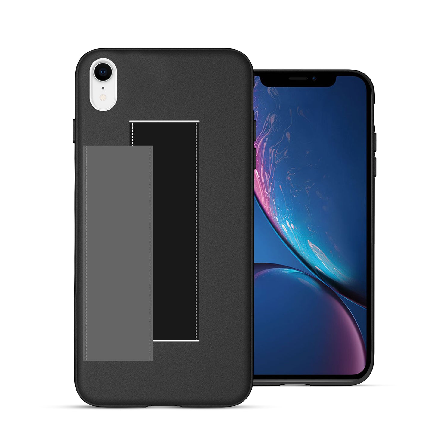 Finger Loop Phone Case For iPhone XR White With Black & Grey Strap