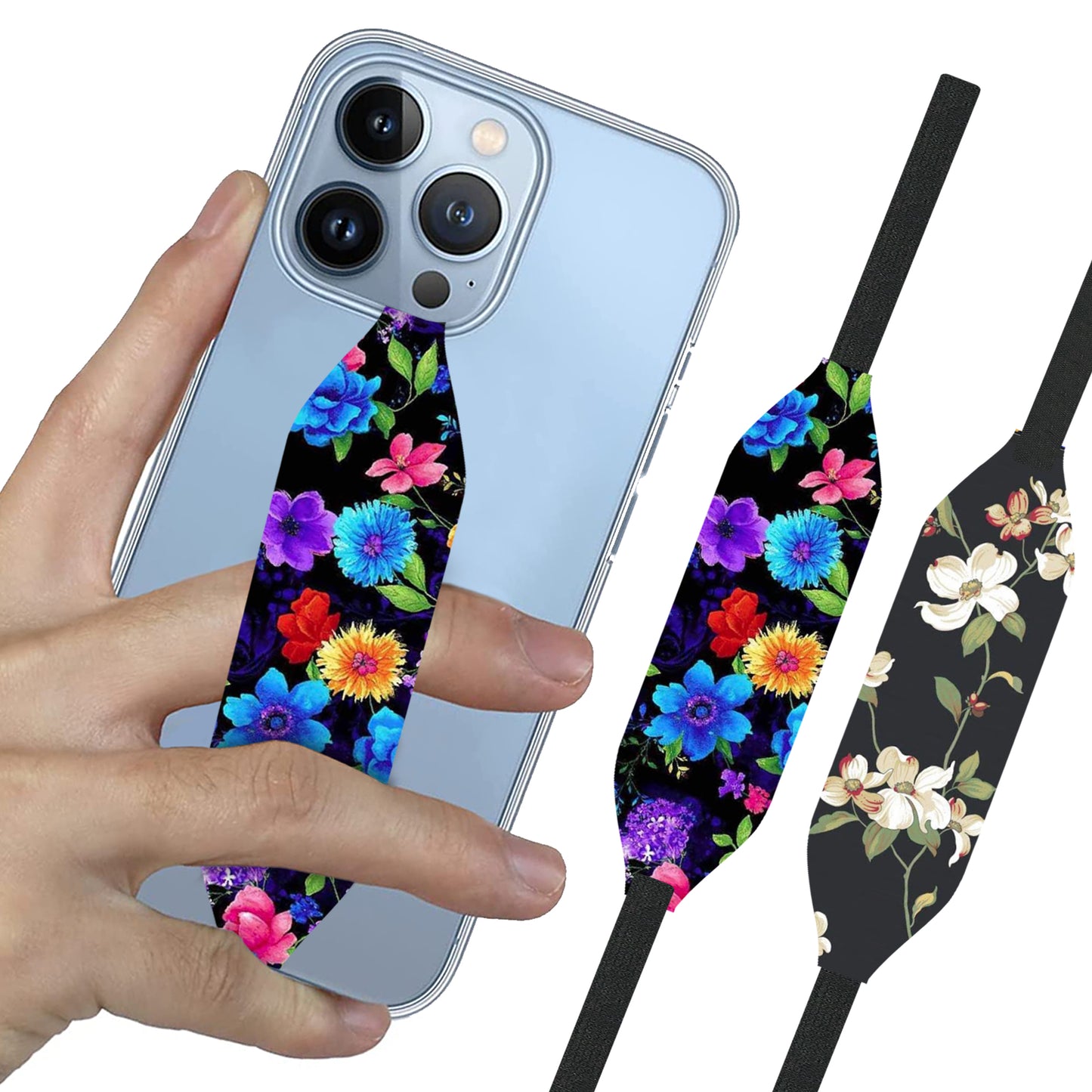 Switchbands Universal Stretchable Phone Hand Straps And Finger Loop For Phone Cases - Pink & Blue Flowers