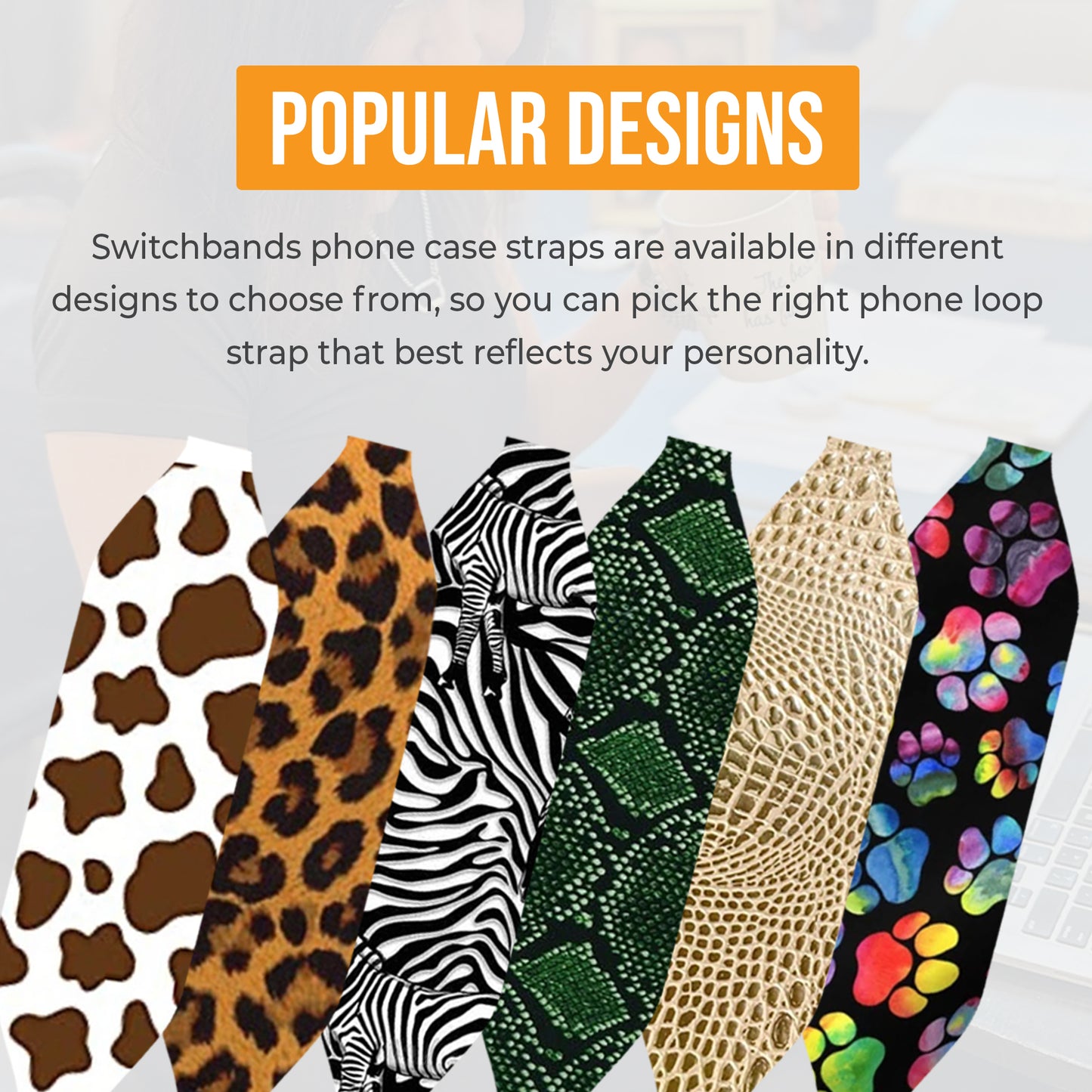 Switchbands Universal Stretchable Phone Hand Straps And Finger Loop For Phone Cases - Zebra Patterns