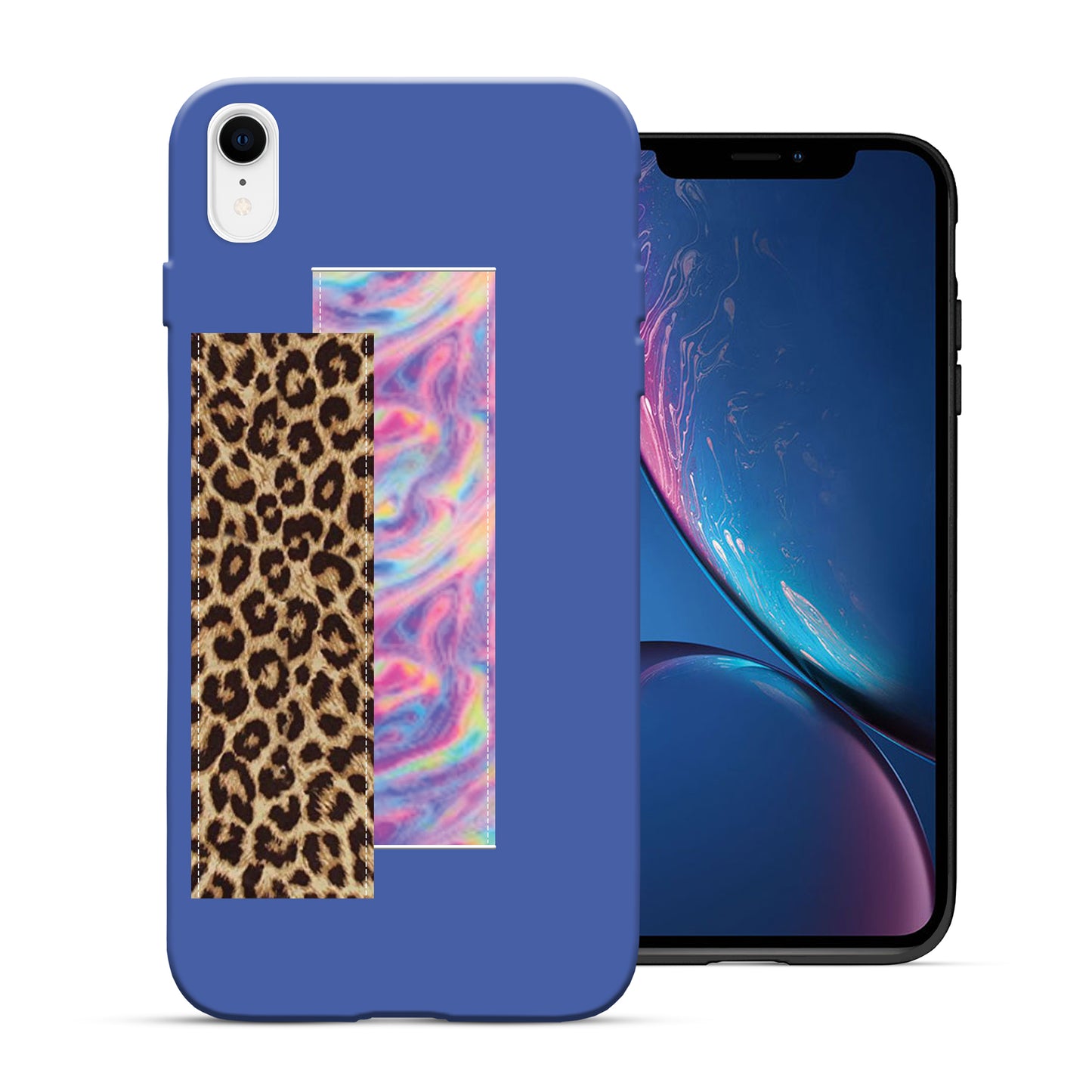 Finger Loop Phone Case For iPhone XR Blue With Black & Grey Strap